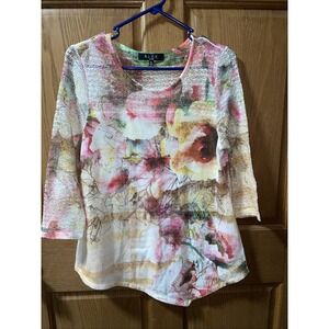 B.L.E.U. Petite  Womens Blouse Size Large  Yellow White Floral Stretch 3/4 Sleev